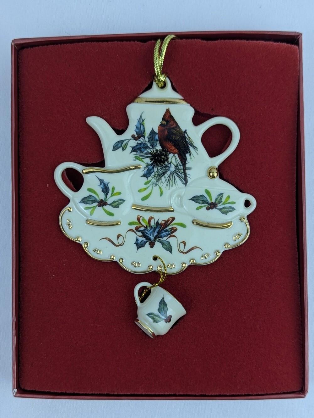 Lenox Cardinal On Pine Boughs & Holly Tea Theme Holiday Christmas Ornament